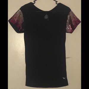 VS Pink black t-shirt with ombré sequin sleeves